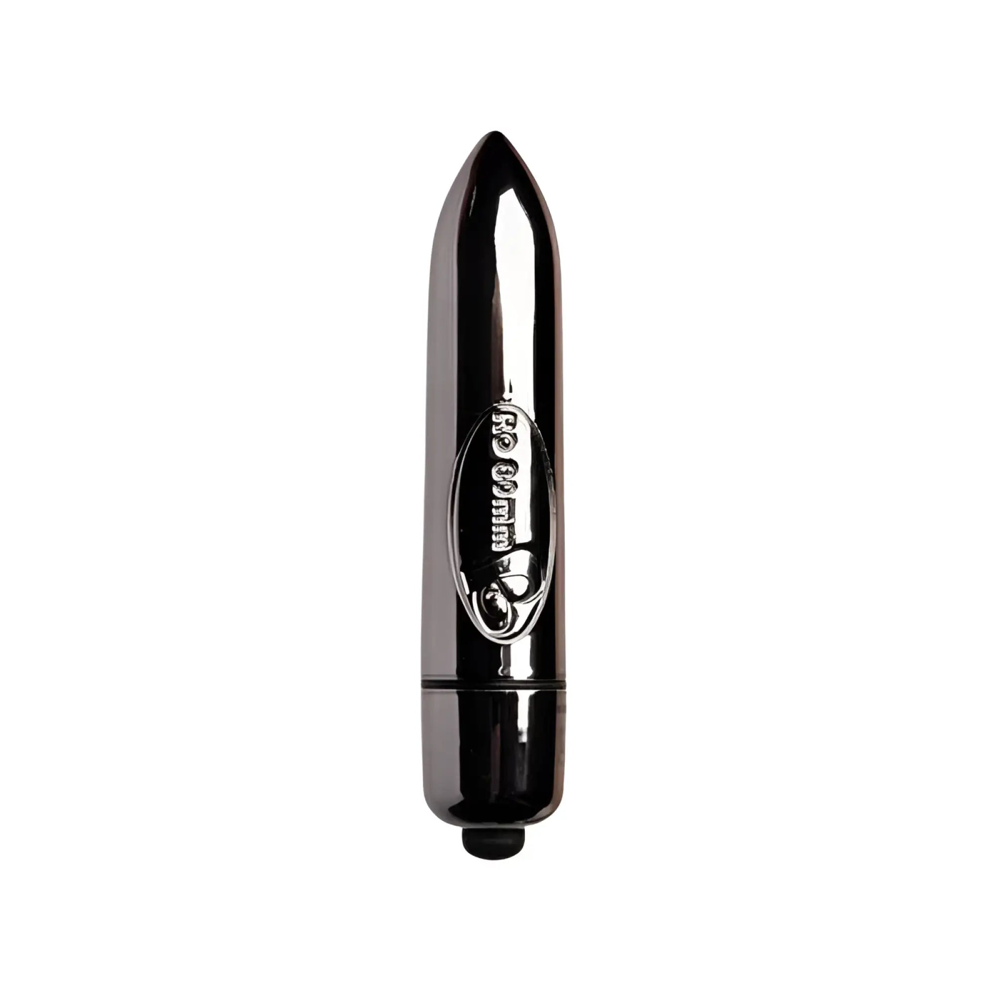 Black sleek glossy plastic vibrating bullet with pointed tip and silver oval emblem rocks off ro-80mm 7 speed midnight metal