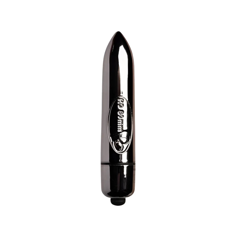 Black sleek glossy plastic vibrating bullet with pointed tip and silver oval emblem rocks off ro-80mm 7 speed midnight metal