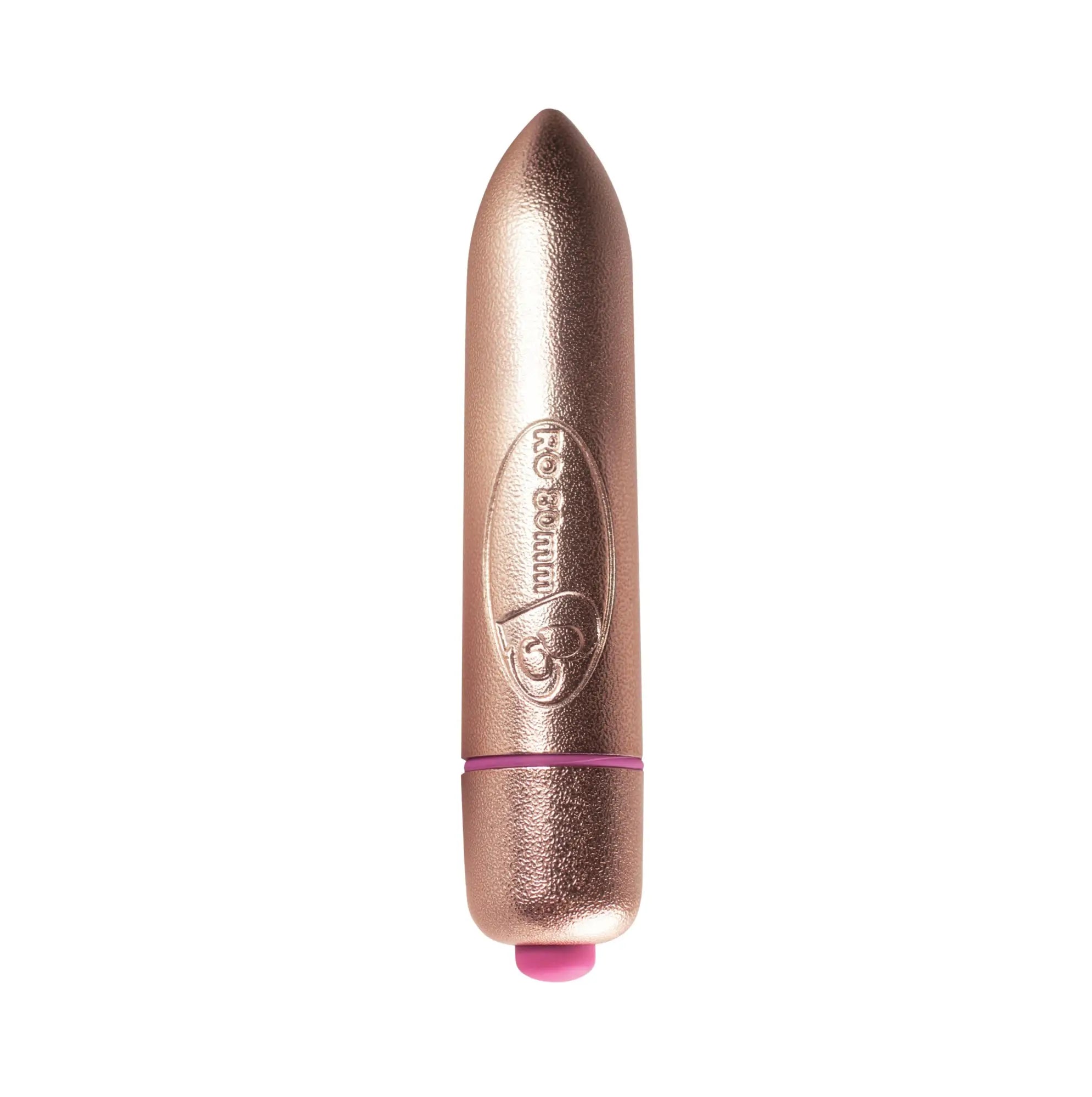 Rose gold metallic cylindrical vibrator with pink tip and embossed logo rocks off ro 80mm 7 speed bullet