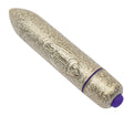 Silver glitter-textured rocks off vibrating toy with purple accent ring and cap in rose gold 7 speed bullet design