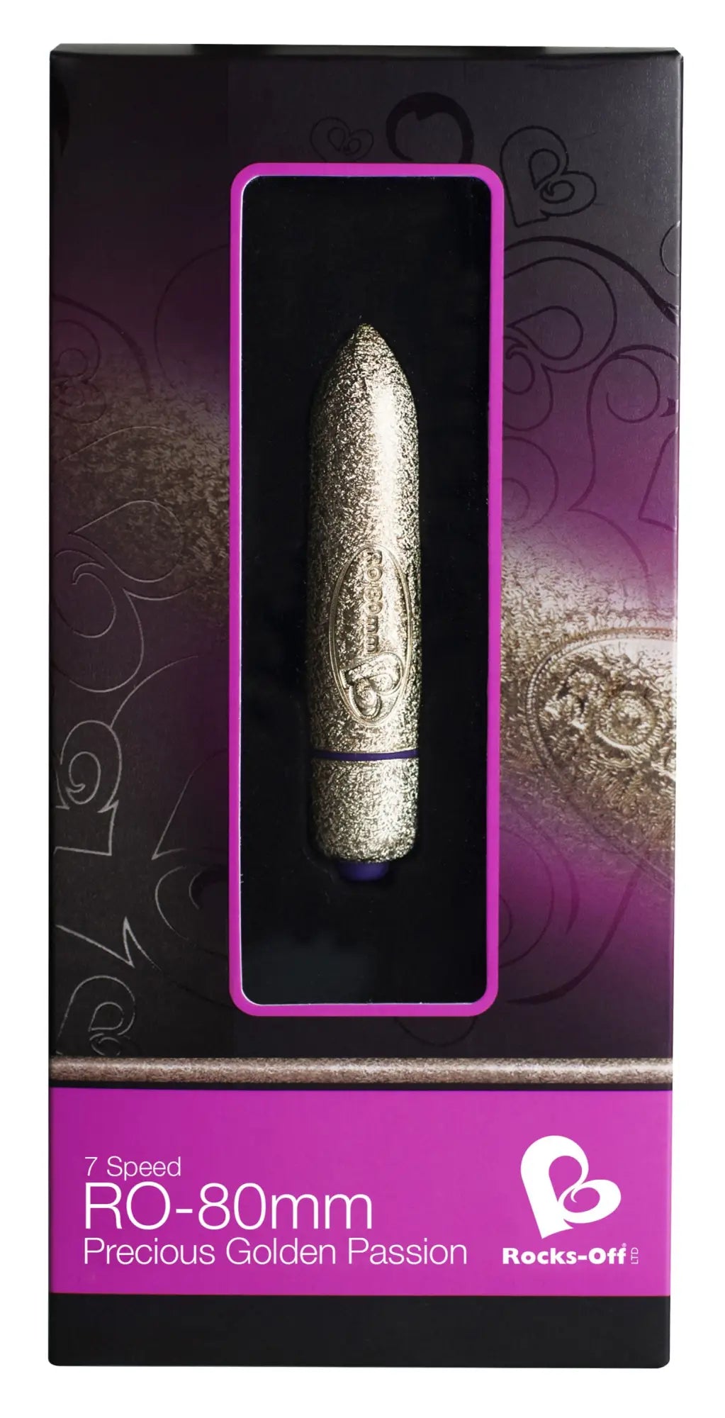 Silver glittery cylindrical vibrator with purple accent band in black pink box labeled rocks off ro-80mm precious golden passion