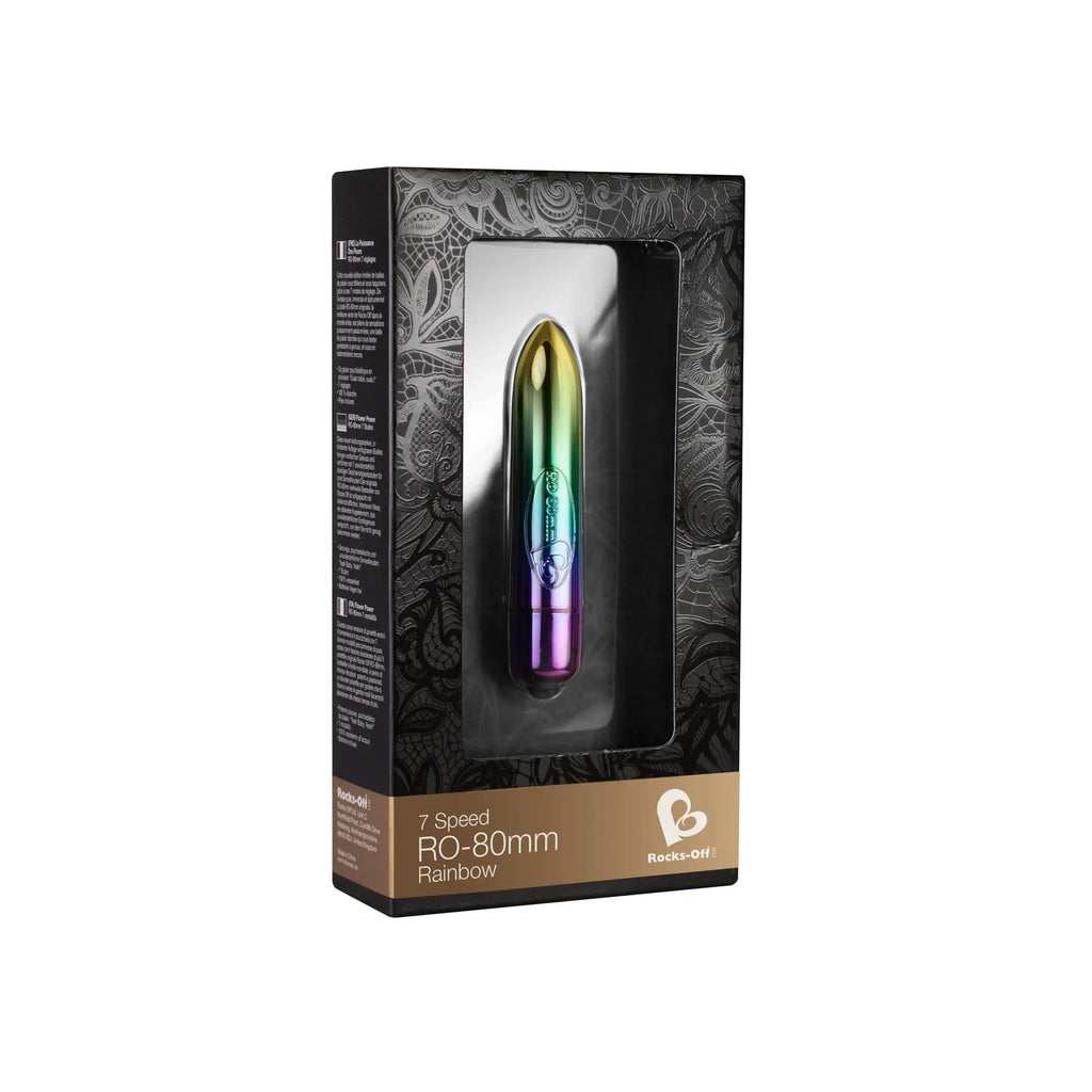 Rocks Off RO-80mm 7 speed vibrator with rainbow metallic finish and compact bullet design for versatile use