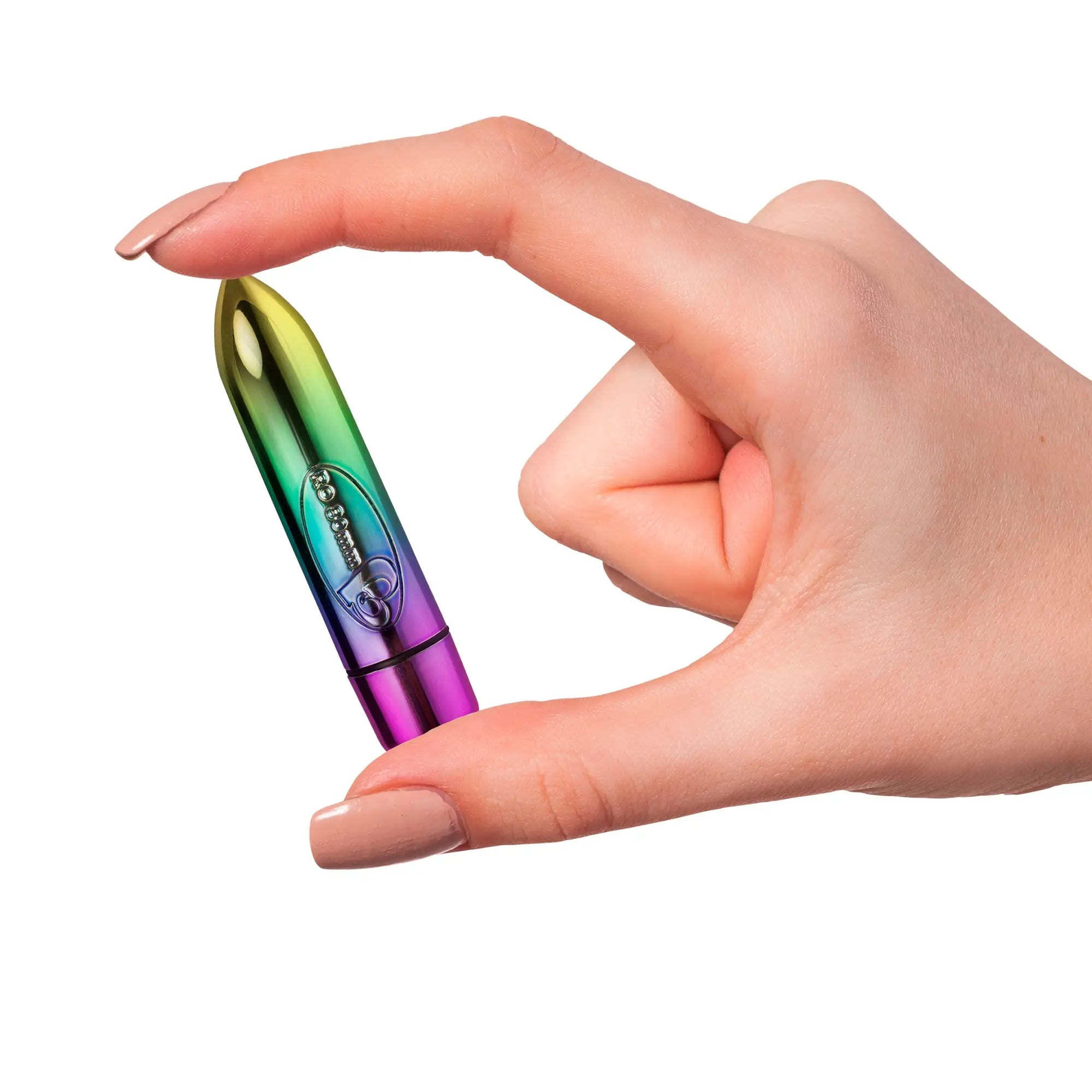 Hand holding a rocks off ro 80mm 7 speed rainbow vibrating bullet with metallic rainbow gradient lipstick tube design