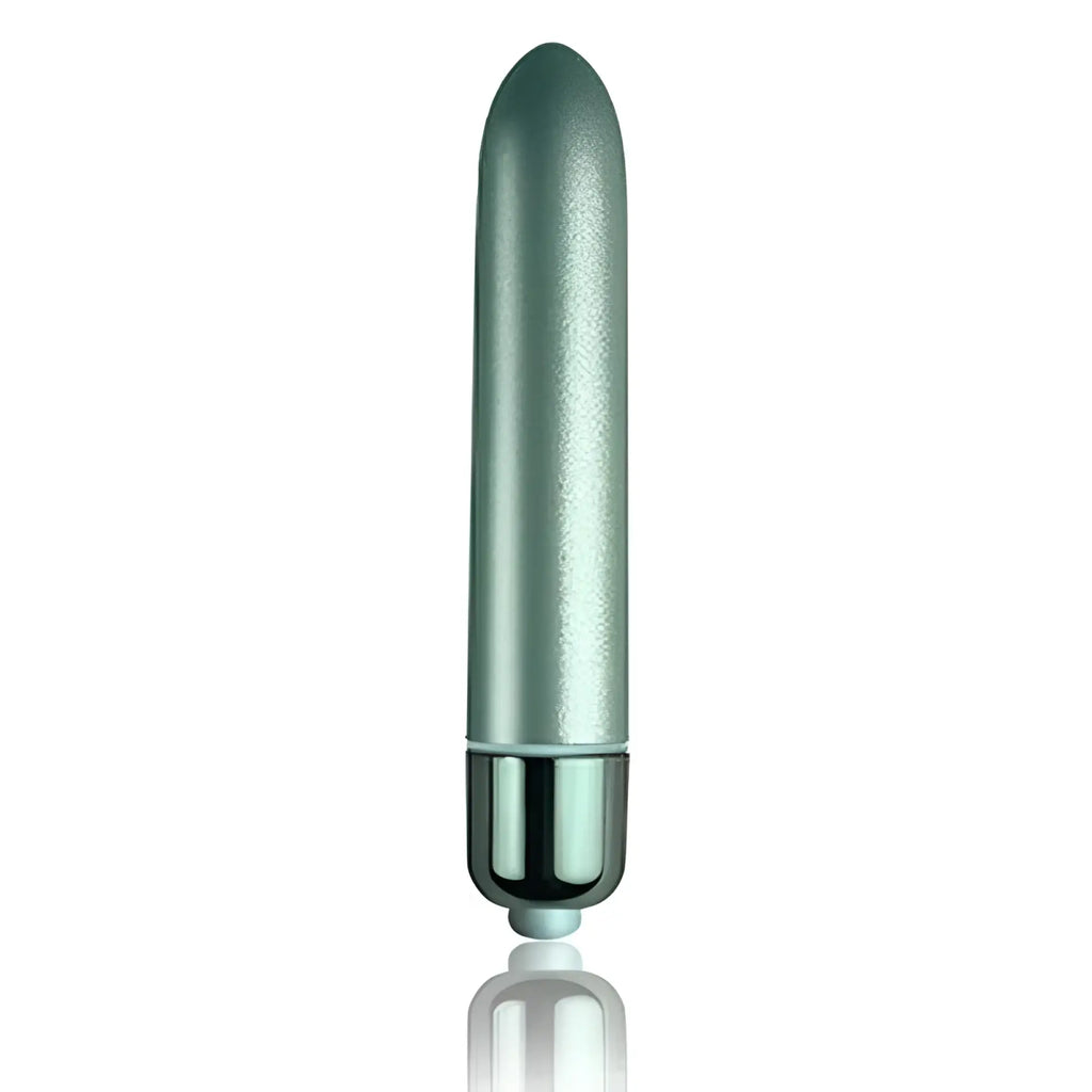 A sleek metallic sage green vibrator with polished chrome base and rounded tip rocks off RO-90 touch of velvet aqua lily