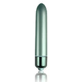 A sleek metallic sage green vibrator with polished chrome base and rounded tip rocks off RO-90 touch of velvet aqua lily