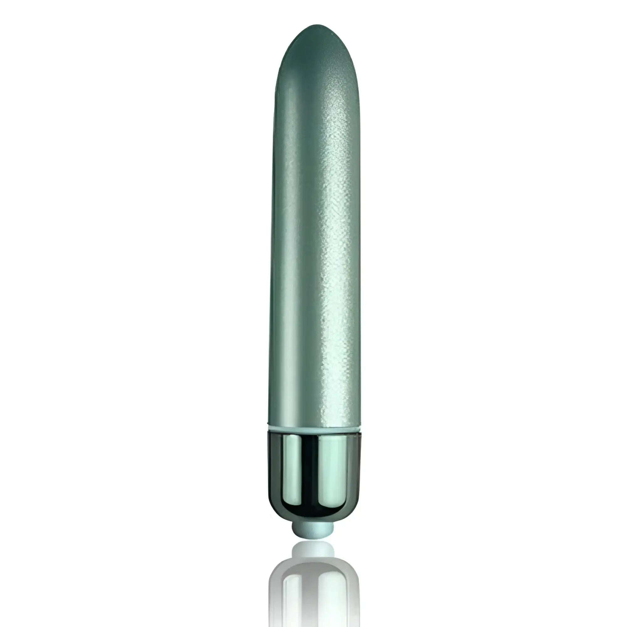 A sleek metallic sage green vibrator with polished chrome base and rounded tip rocks off RO-90 touch of velvet aqua lily