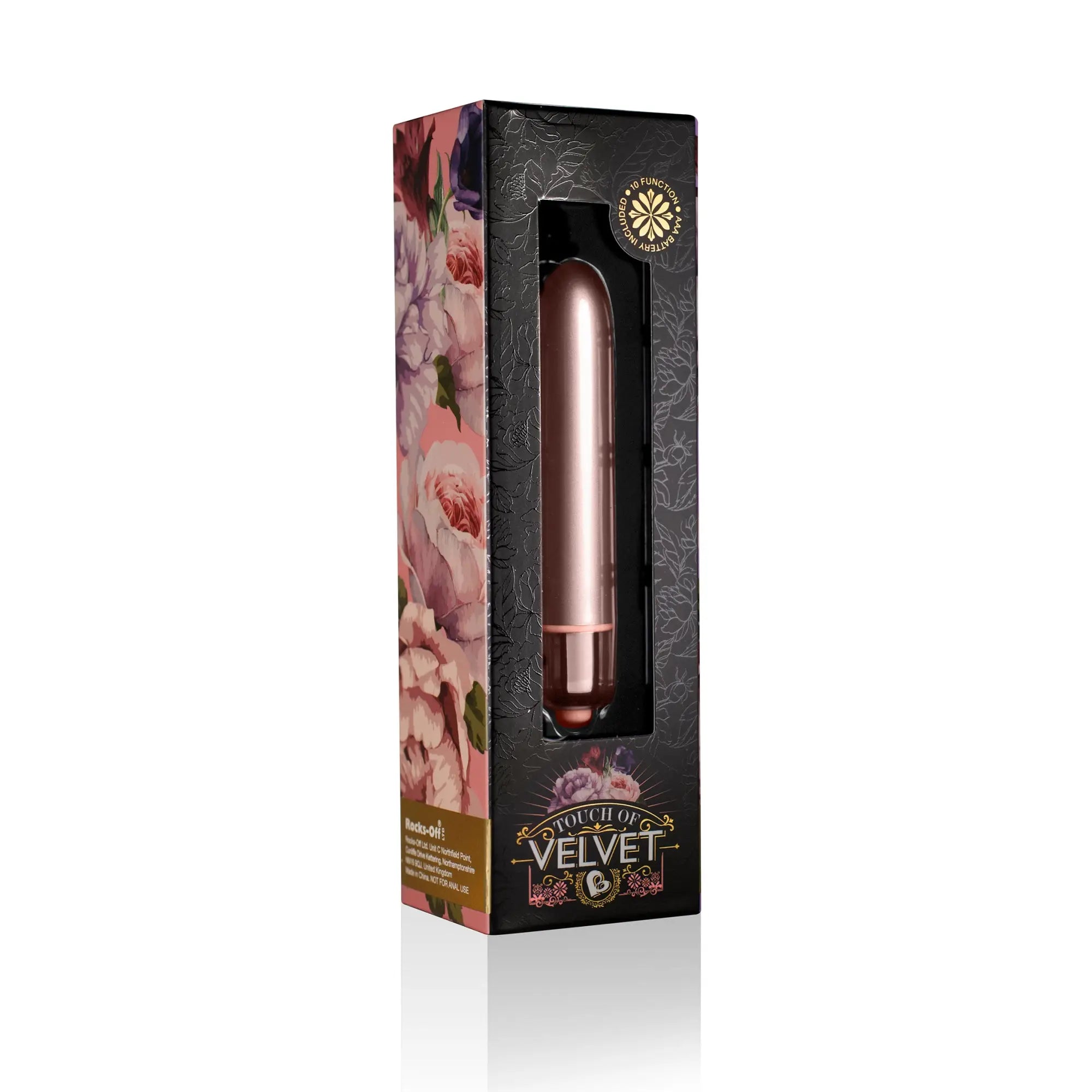 Rose gold cylindrical vibrator made of velvet finish in a floral-patterned black box labeled touch of velvet by rocks off
