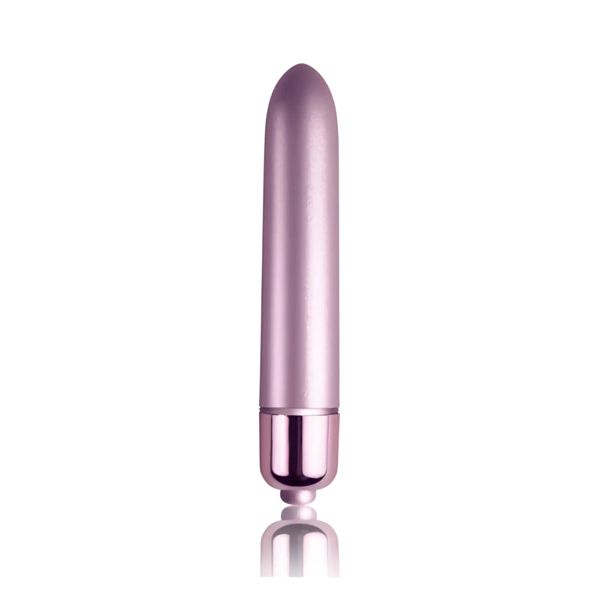 A sleek rose gold vibrating wand with a smooth metallic finish and rounded tip from rocks off ro-90 touch of velvet