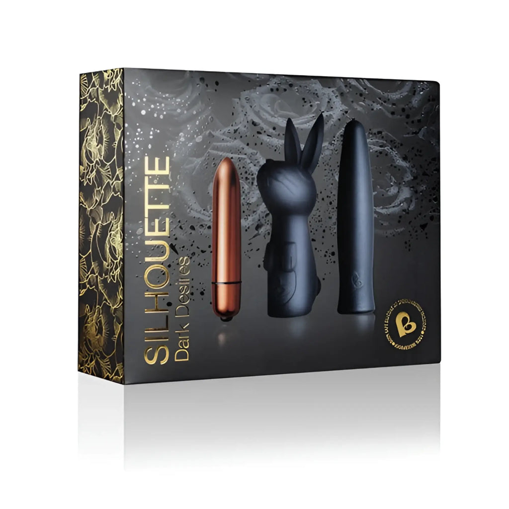 Rocks Off Silhouette Dark desires set featuring copper wand, black bunny vibrator with ears, and sleek black cylinder