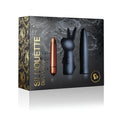 Rocks Off Silhouette Dark desires set featuring copper wand, black bunny vibrator with ears, and sleek black cylinder