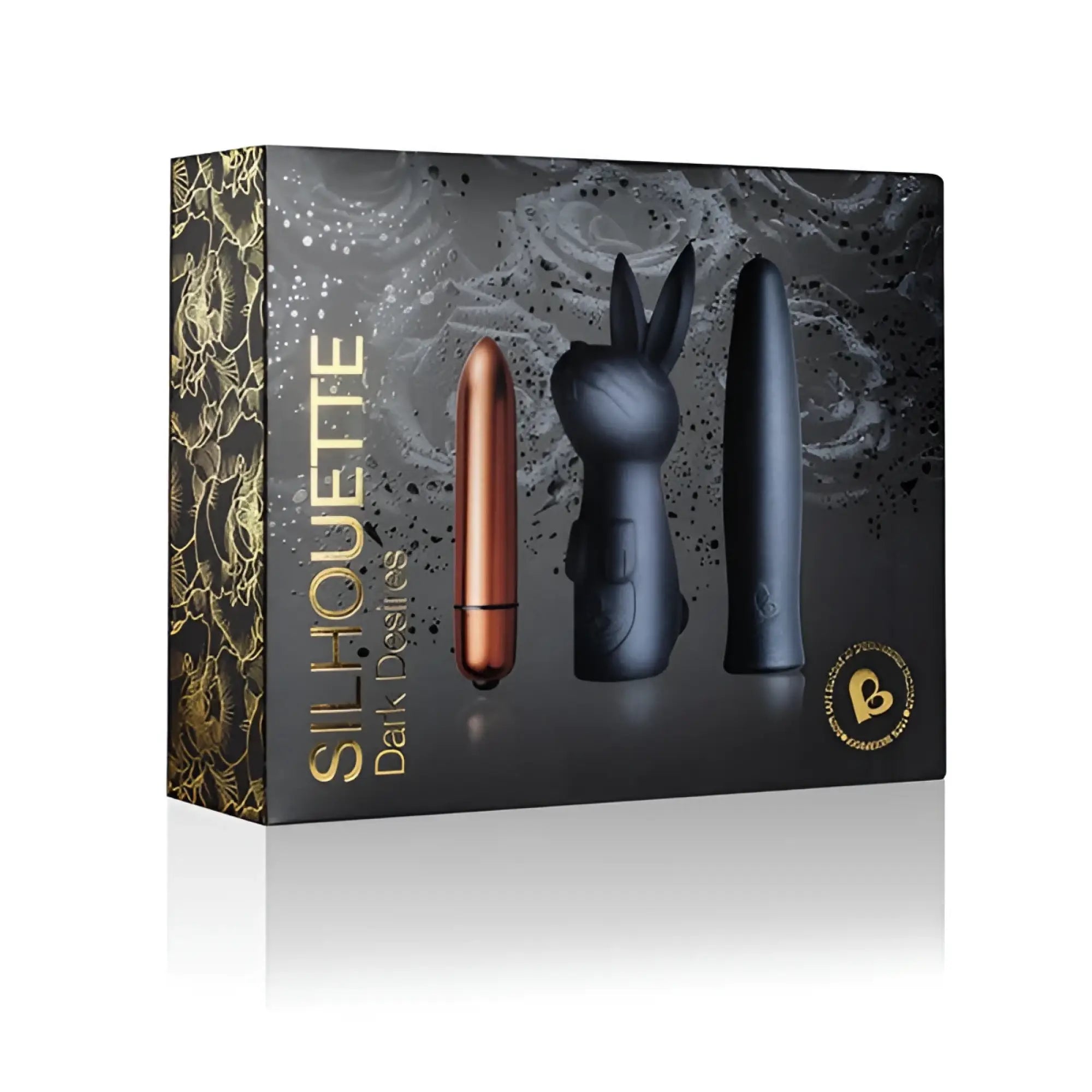 Rocks Off Silhouette Dark desires set featuring copper wand, black bunny vibrator with ears, and sleek black cylinder