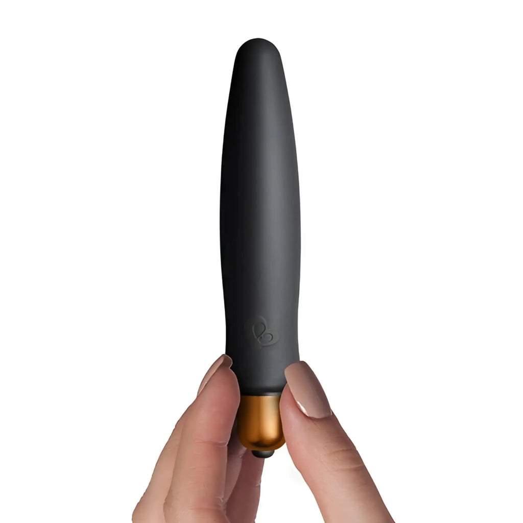 Rocks Off Silhouette Dark Desires Set black matte vibrator with gold base and embossed logo near the top