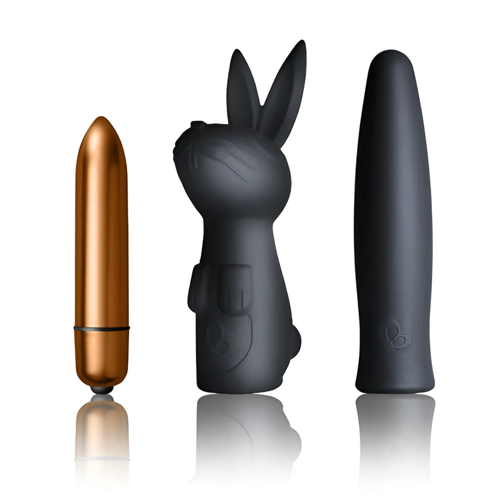 Black silicone rabbit-shaped vibrator with embossed details and matte finish from rocks off silhouette dark desires set