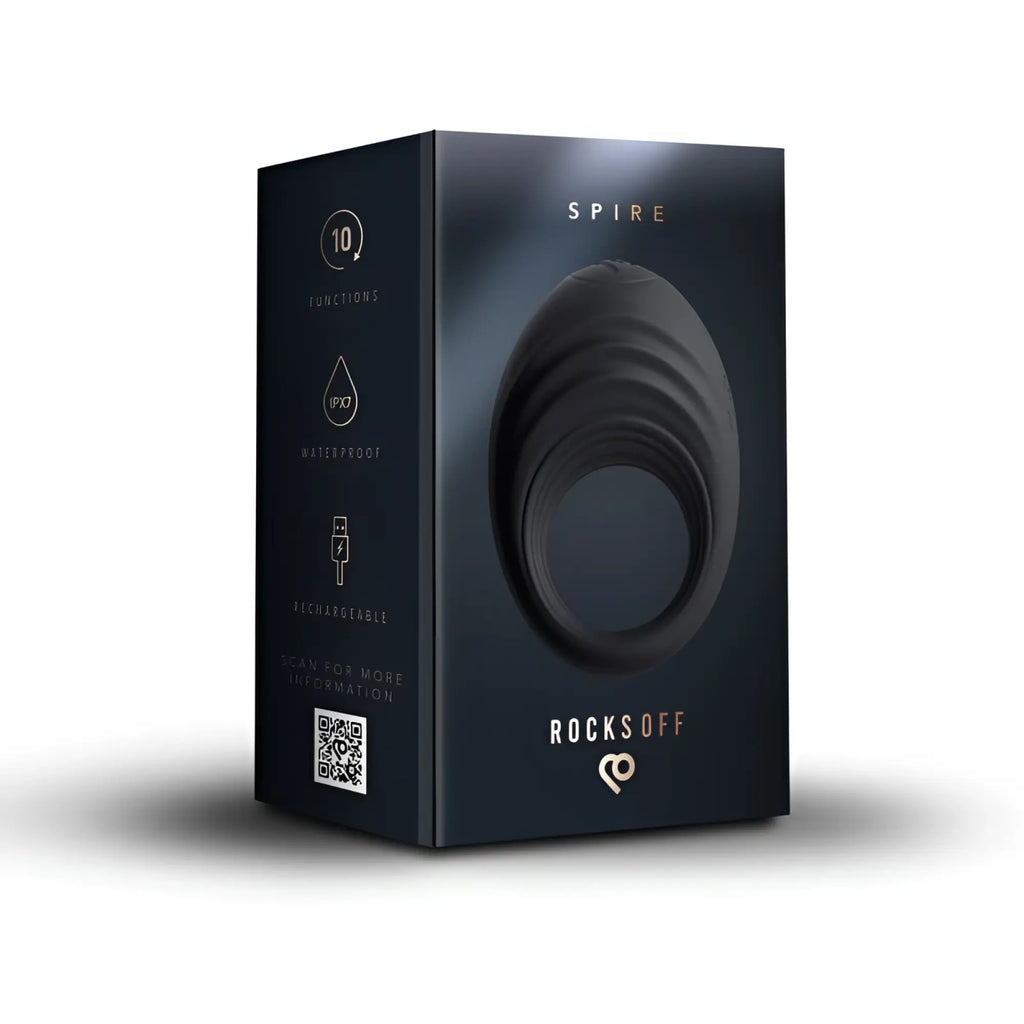 Black spire by rocks off spire 10 speed silicone vibrating cock ring in sleek modern packaging