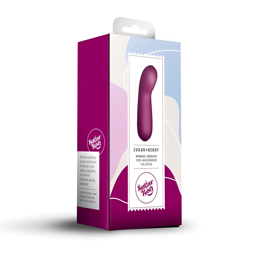 Purple sugar boo sugar berry intimate vibrator in branded pink packaging for personal massage use