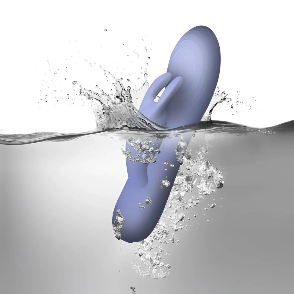 A sleek lavender silicone rabbit vibe by rocks off sugarboo with smooth rounded design and two small protrusions on top