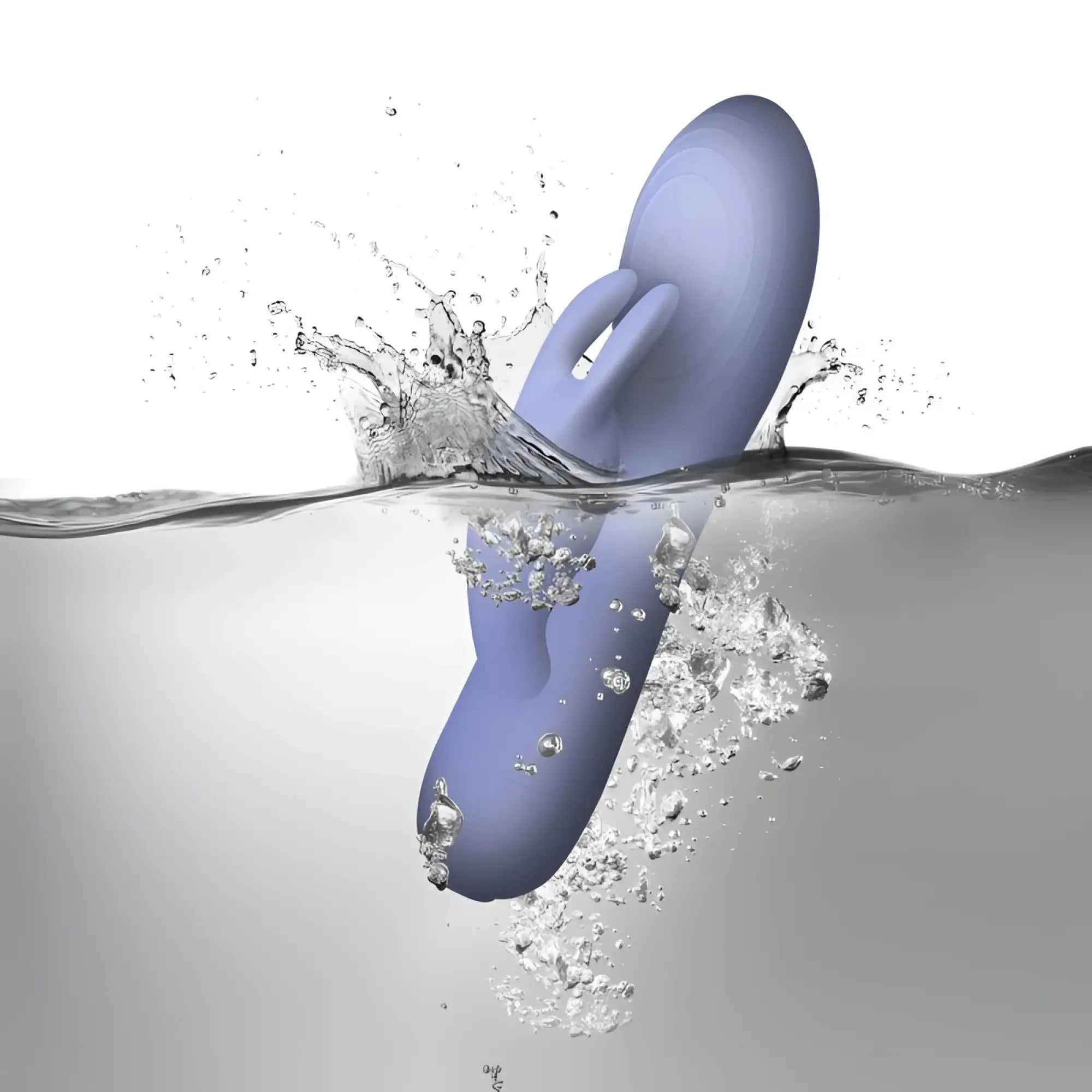 A sleek lavender silicone rabbit vibe by rocks off sugarboo with smooth rounded design and two small protrusions on top