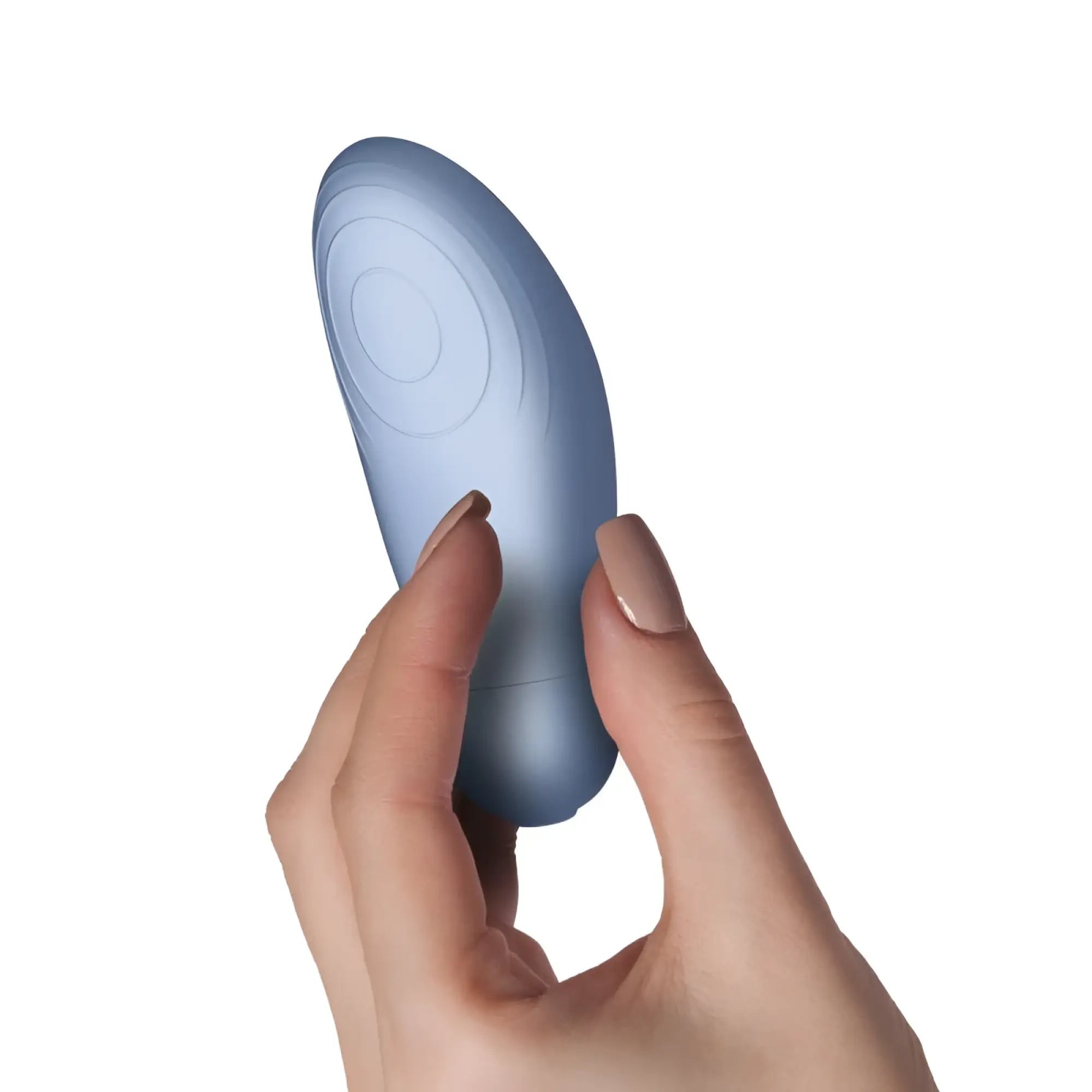 A sleek matte light blue silicone rocks off sugarboo blue bae layon massager with smooth oval design and concentric circles