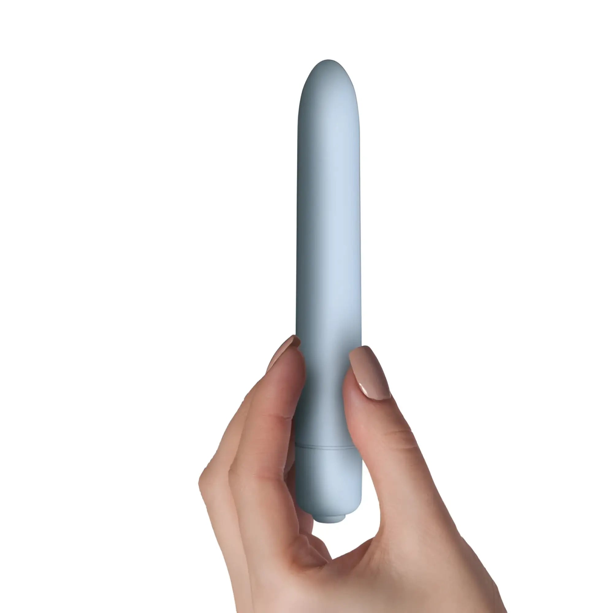 Light blue silicone vibratory toy held in hand rocks off sugarboo bullet vibe blue designed for personal use