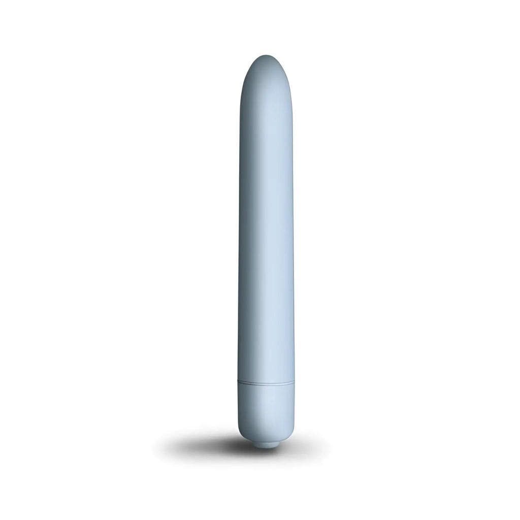 A sleek matte finish light blue cylindrical vibrator with smooth rounded ends rocks off sugarboo bullet vibe blue
