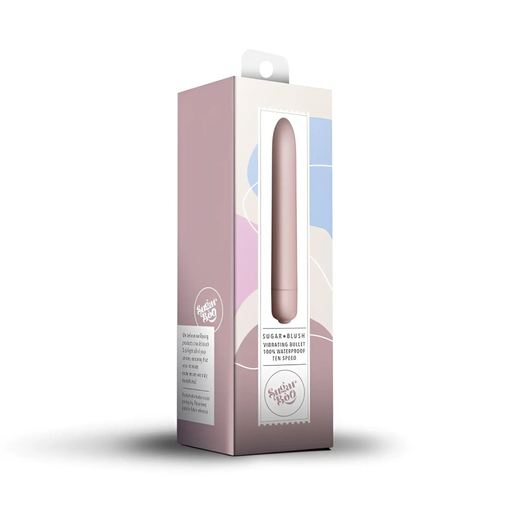 A sleek rose gold rocks off sugarboo bullet vibe blush with minimalist pink and white packaging