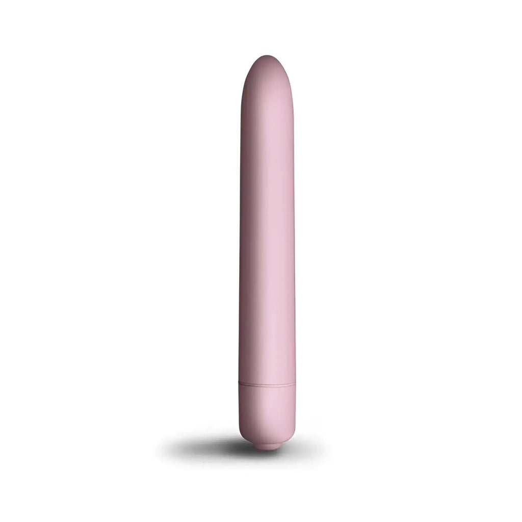 A sleek matte-finish pink cylindrical vibrator with a smooth rounded tip and subtle seam near the base.