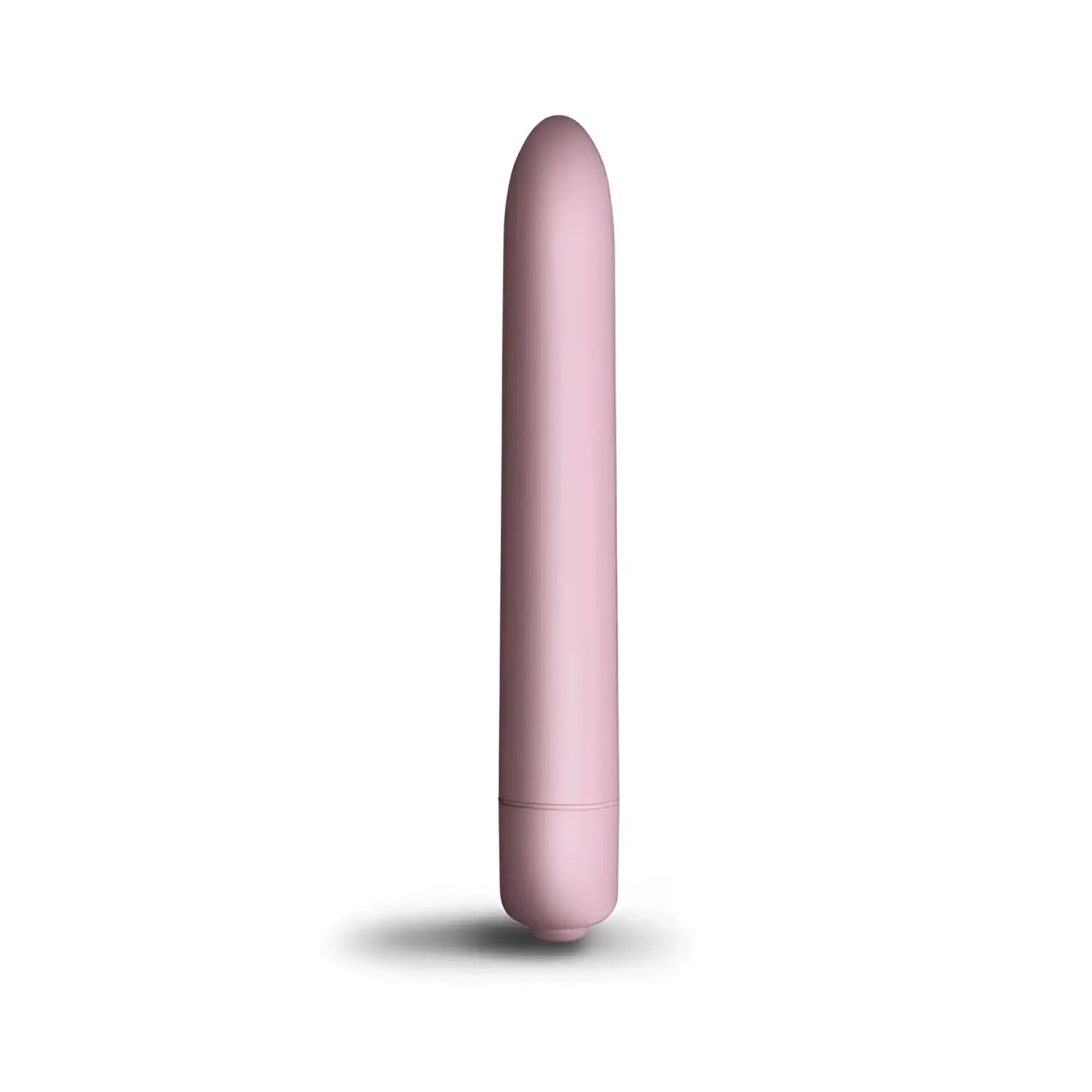 A sleek matte-finish pink cylindrical vibrator with a smooth rounded tip and subtle seam near the base.
