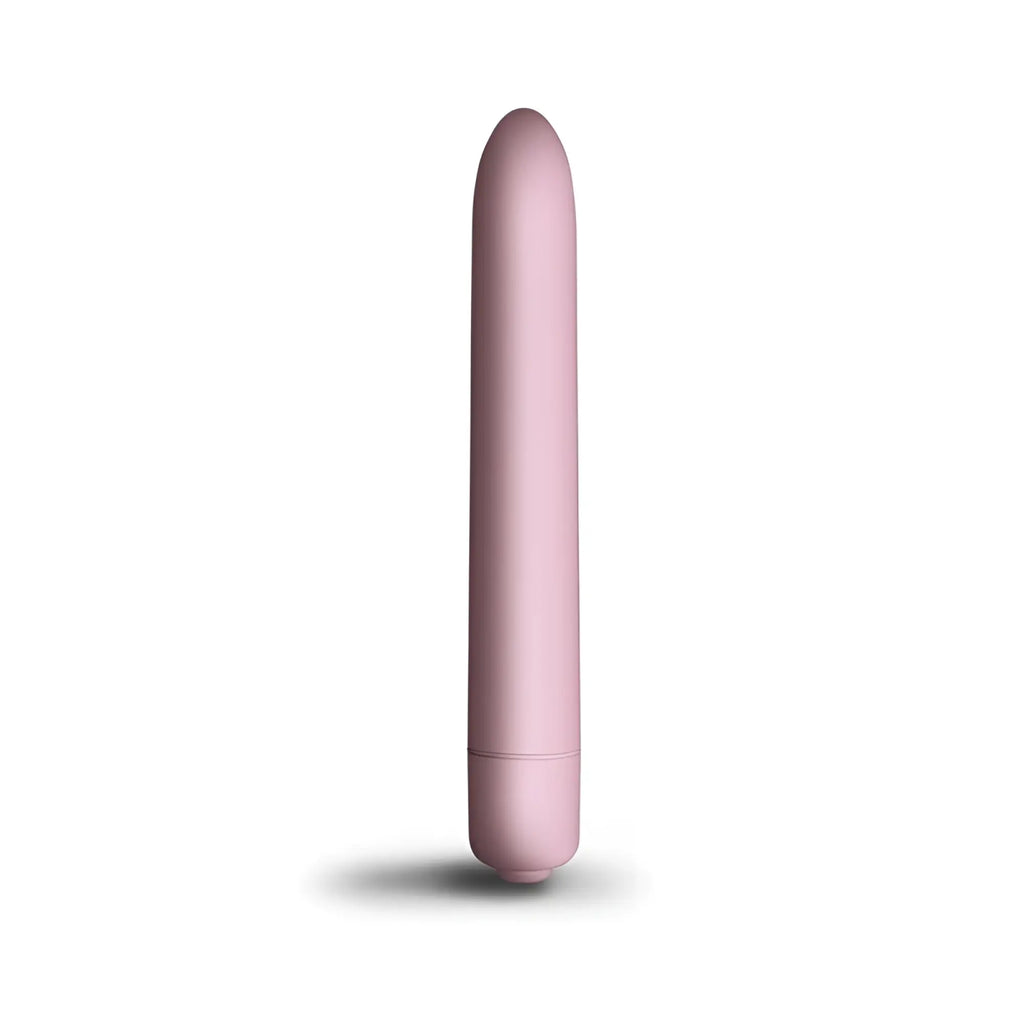A sleek matte-finish pink cylindrical vibrator with a smooth rounded tip and subtle seam near the base rocks off sugarboo bullet vibe