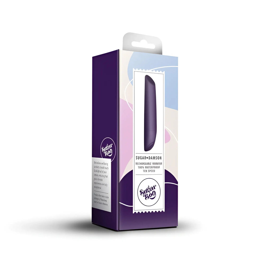 Purple rechargeable sugar boo damson vibrator in branded packaging for personal pleasure by rocks off