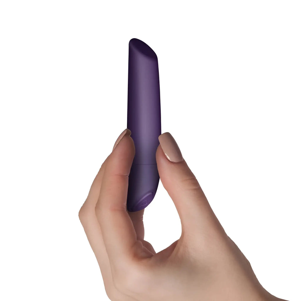 A sleek matte purple silicone Rocks Off SugarBoo Damson bullet vibe with a smooth tapered design