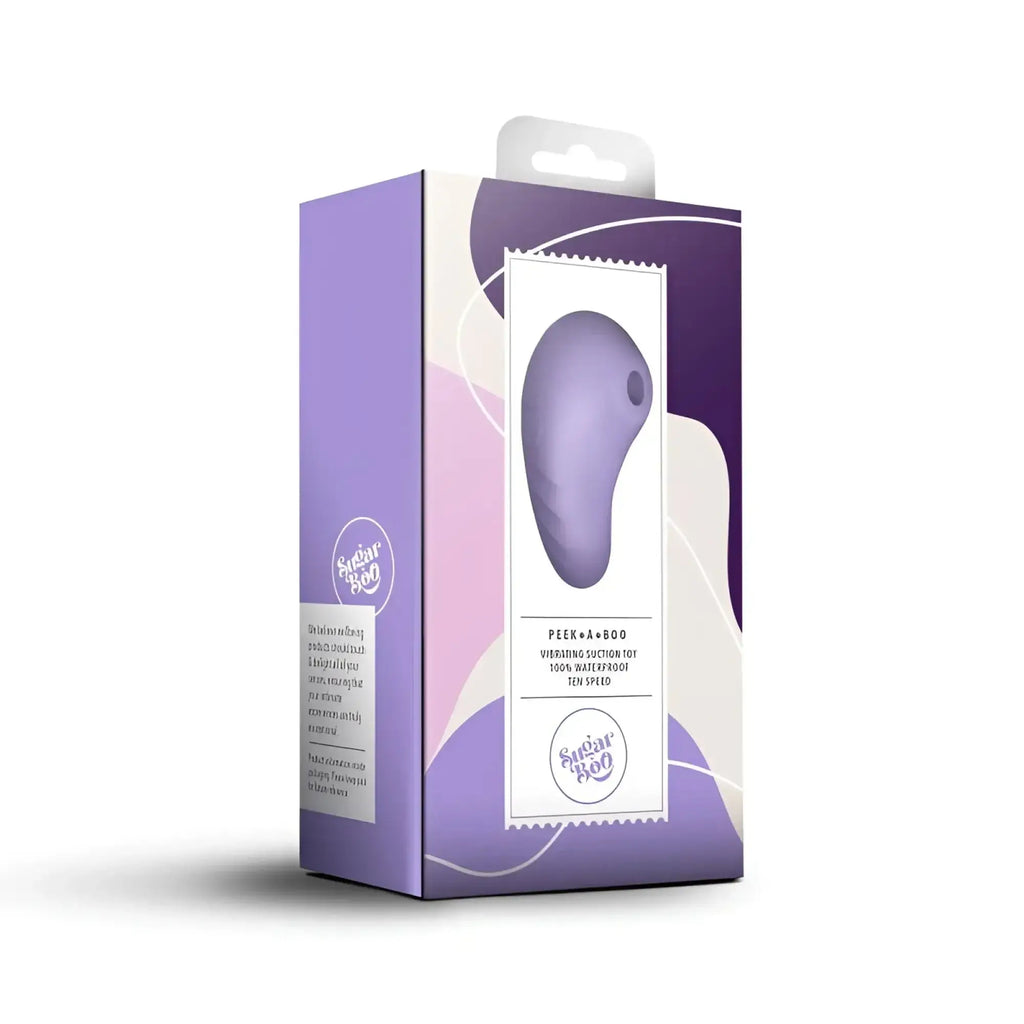Purple silicone vibrating suction toy in sugar boo branded box for rocks off sugarboo peek a boo air pulse vibe lilac