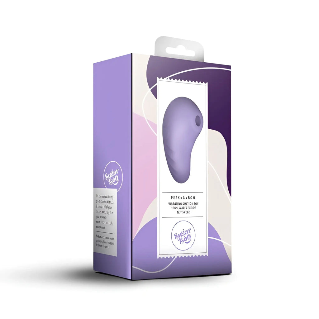 Purple silicone vibrating suction toy in sugar boo branded box for rocks off sugarboo peek a boo air pulse vibe lilac