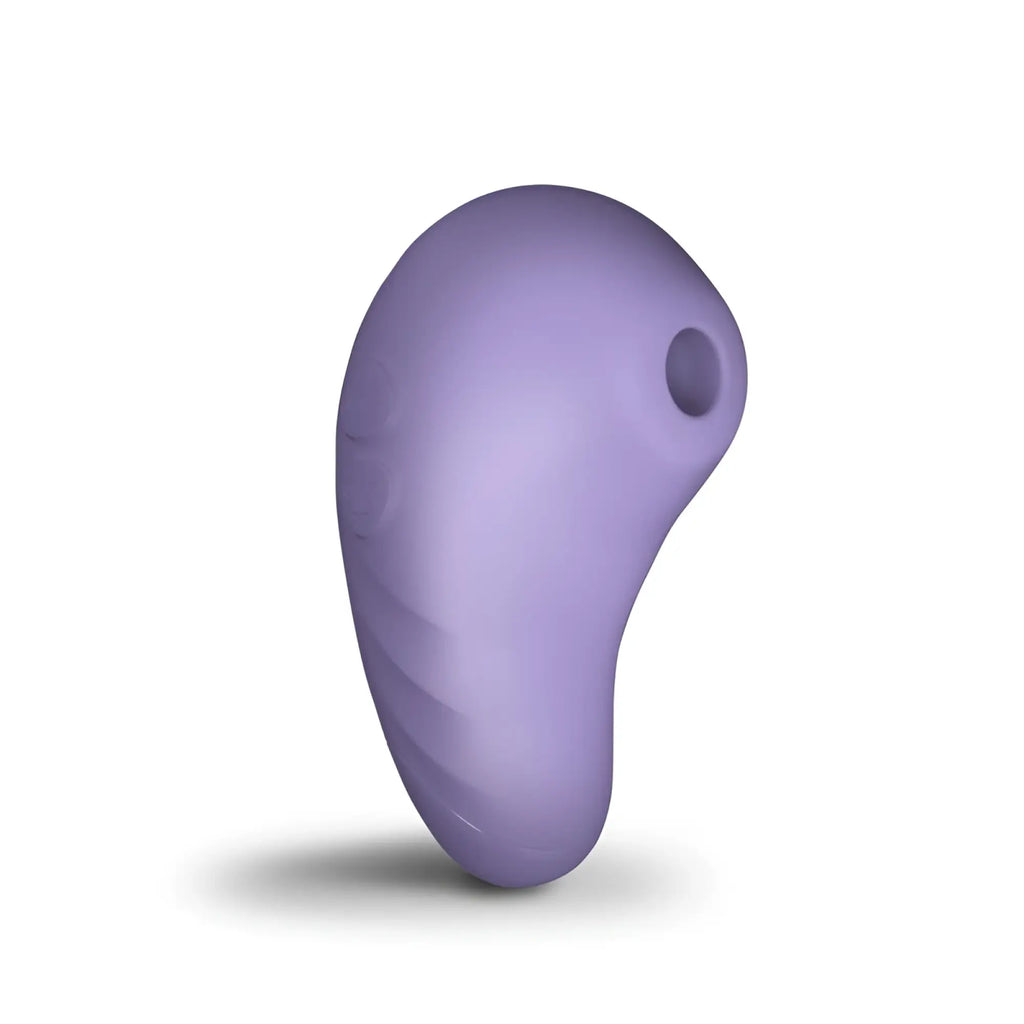 A smooth lavender silicone rocks off sugarboo peek a boo air pulse vibe with a rounded teardrop shape and ribbed texture