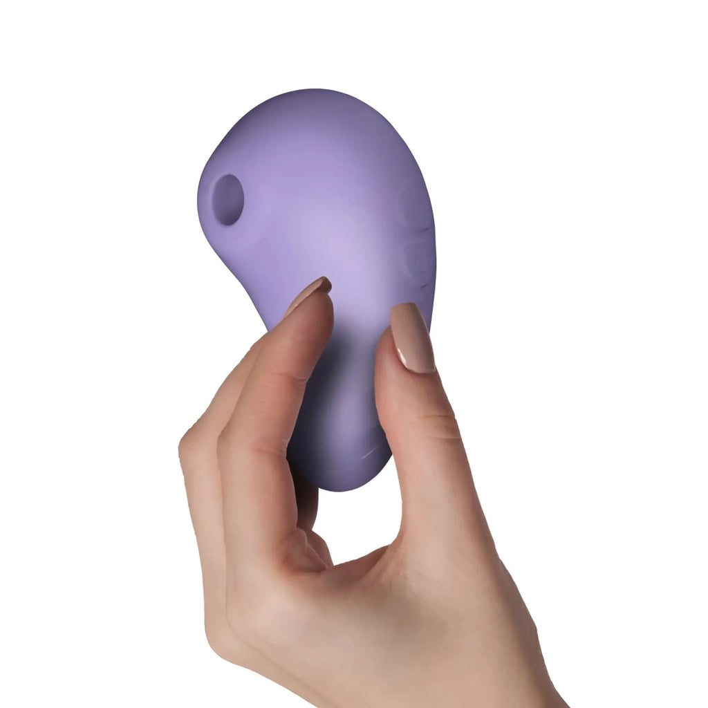 A soft lavender silicone rocks off sugarboo peek a boo air pulse vibe with smooth rounded design and small circular opening