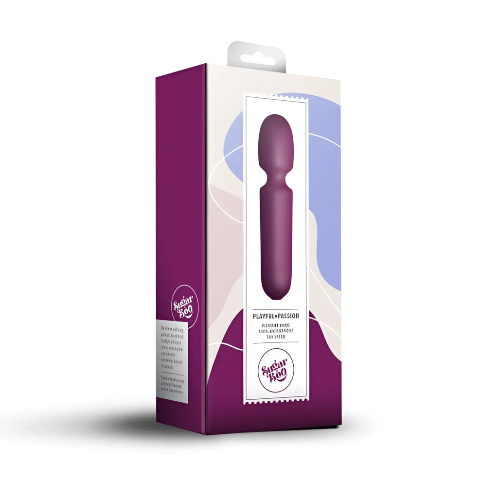 Rocks Off SugarBoo playful passion wand vibe in burgundy shown in retail packaging for personal pleasure use