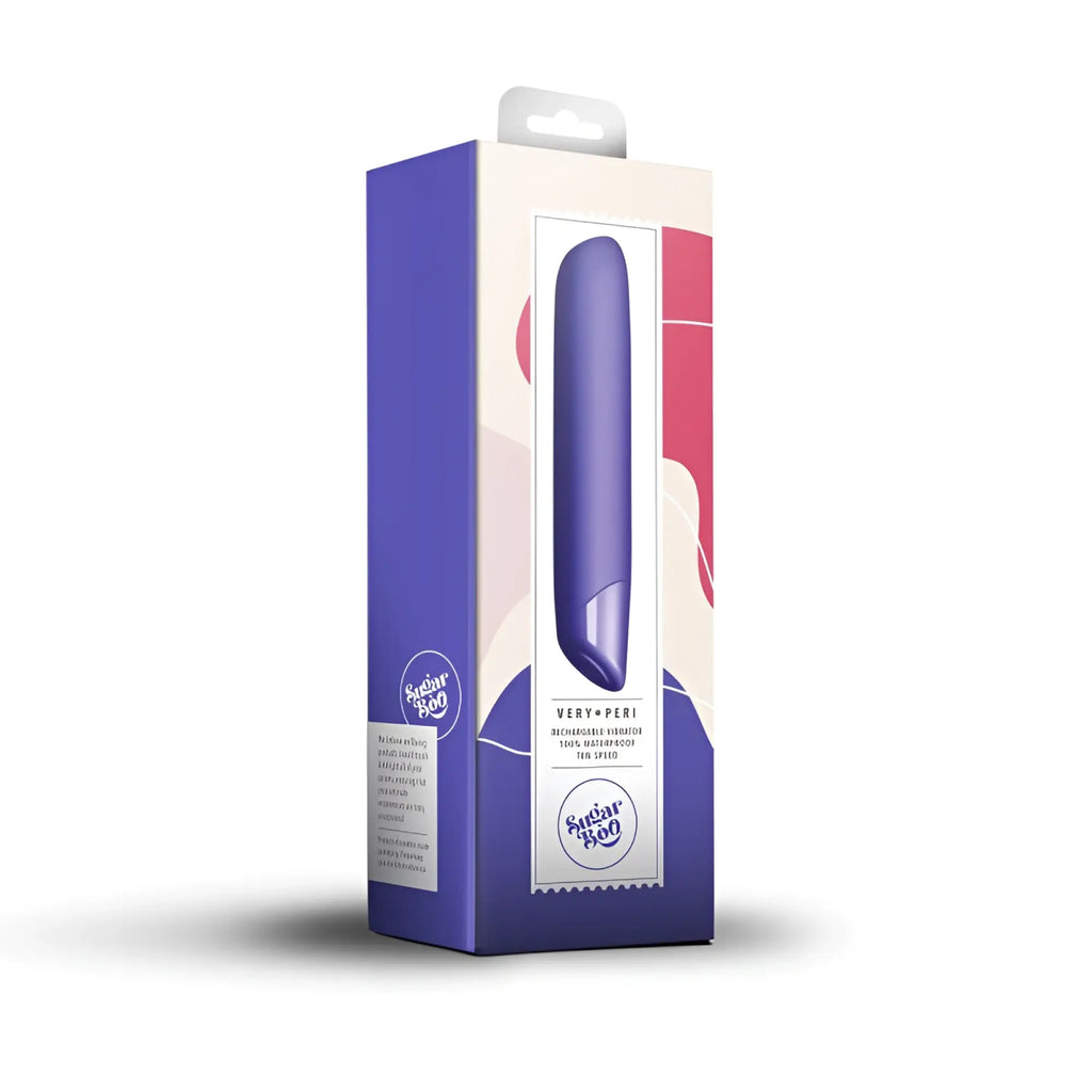 Purple sleek modern rechargeable vibrator rocks off sugarboo very peri bullet vibe in branded box