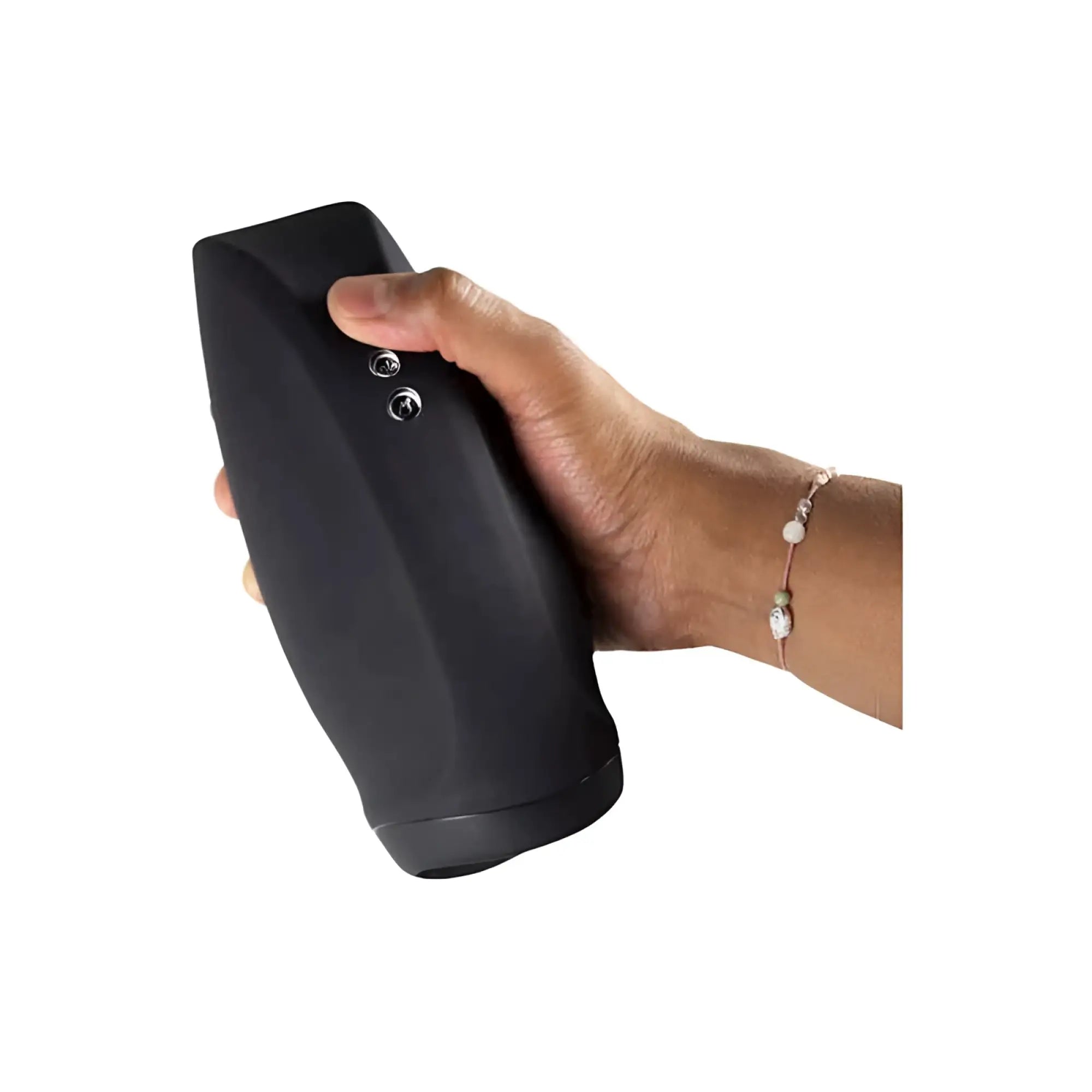 Black ergonomic handheld Rocks Off Torrent Air Tech masturbator with two silver buttons on top for easy control