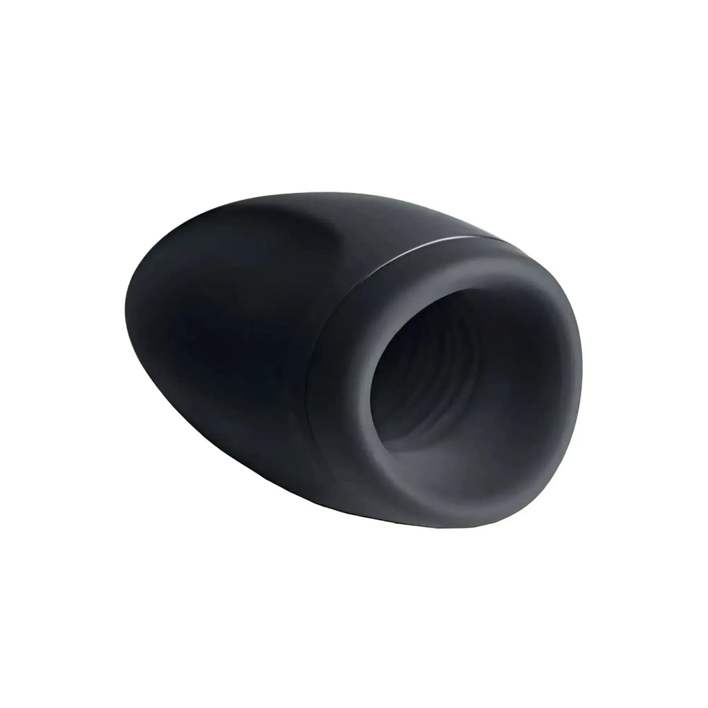 Black silicone anal plug with smooth rounded exterior and threaded interior shown from the back side.