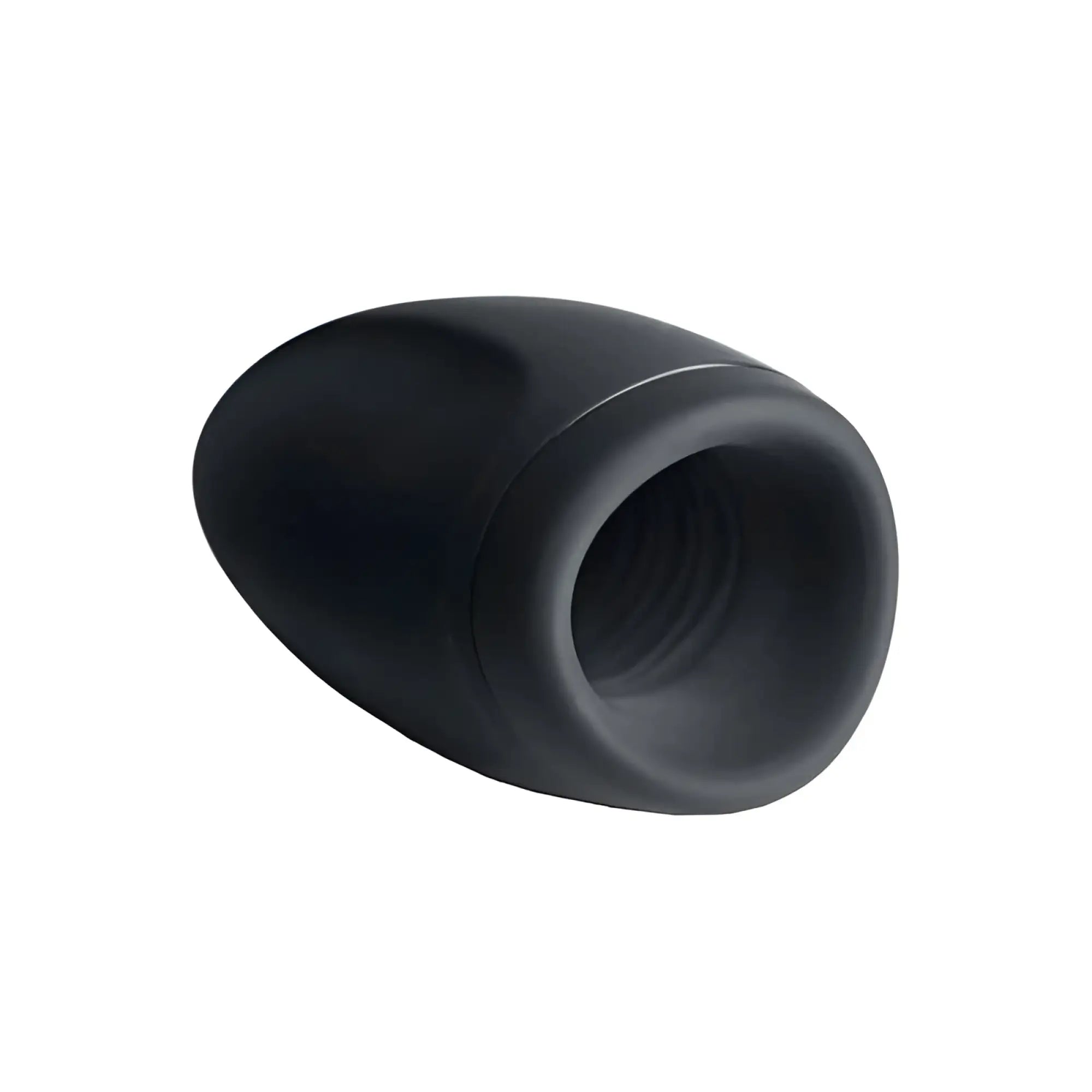 Black silicone anal plug with smooth rounded exterior and threaded interior shown from the back side for rocks off torrent air tech masturbator