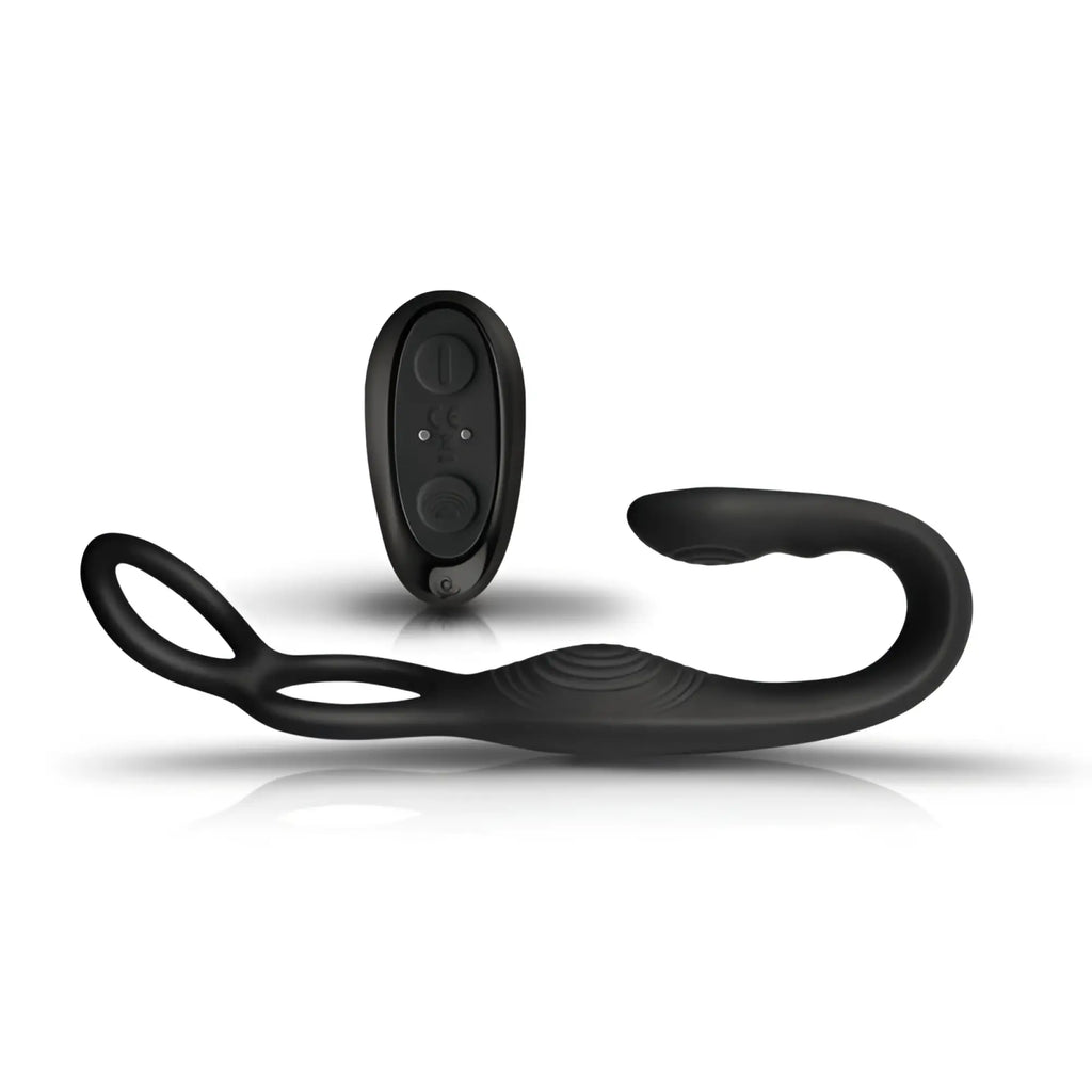 Black silicone remote-controlled vibrator with curved design and looped handle for cock ball and anal use