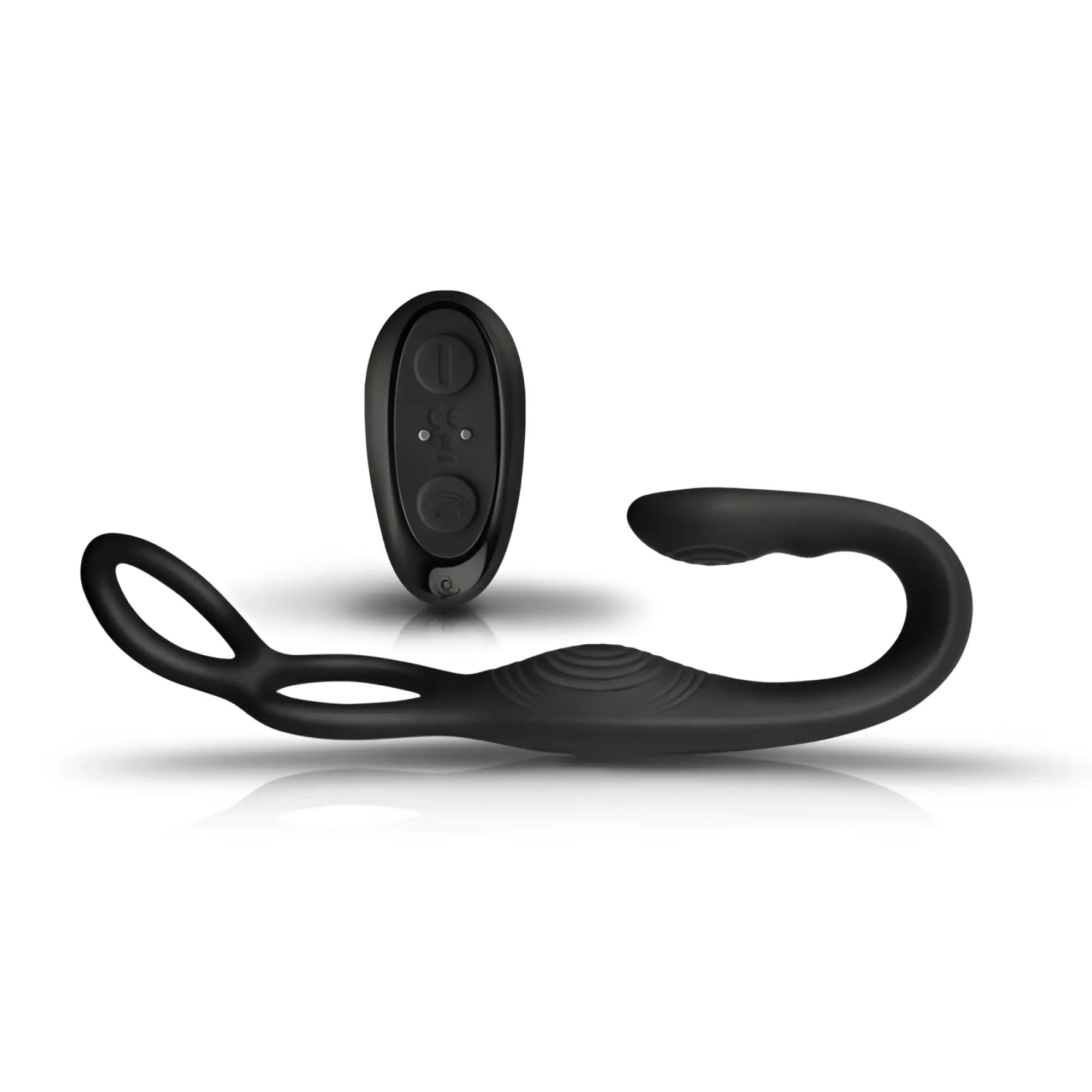 Black silicone remote-controlled vibrator with curved design and looped handle for cock ball and anal use