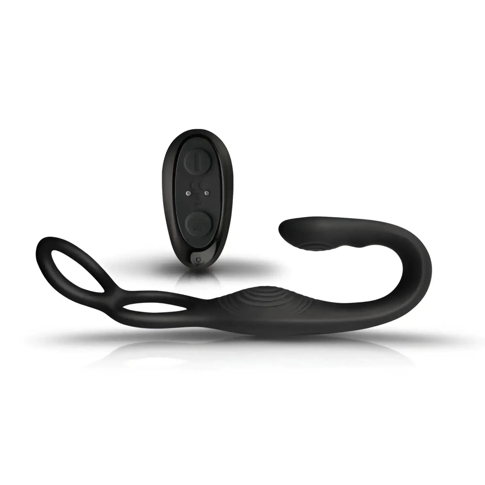 Black silicone remote-controlled vibrator with curved design and looped handle for cock ball and anal use