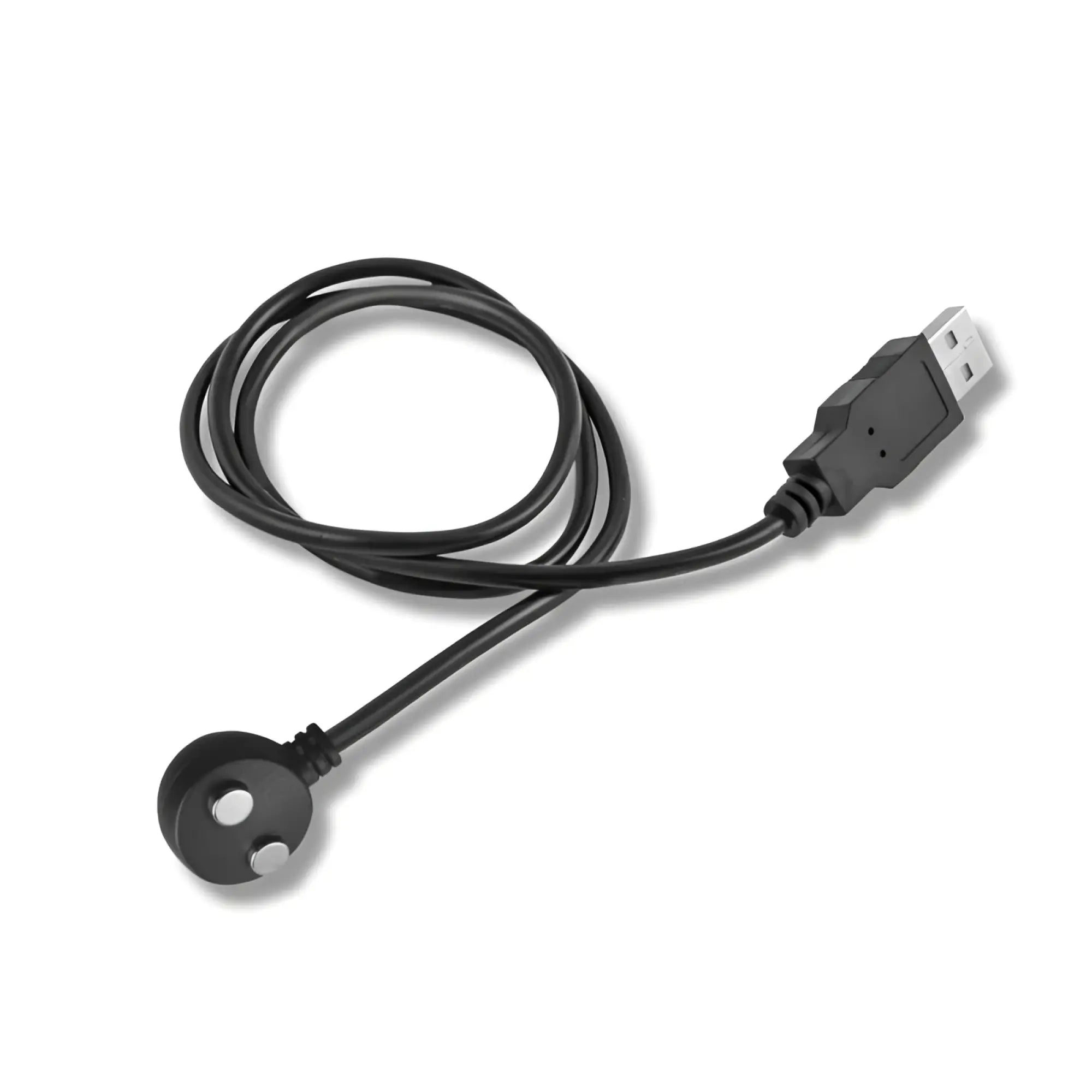 Black usb charging cable with circular magnetic end cap and two silver magnets for rocks off the vibe 10 speed remote silicone vibrator
