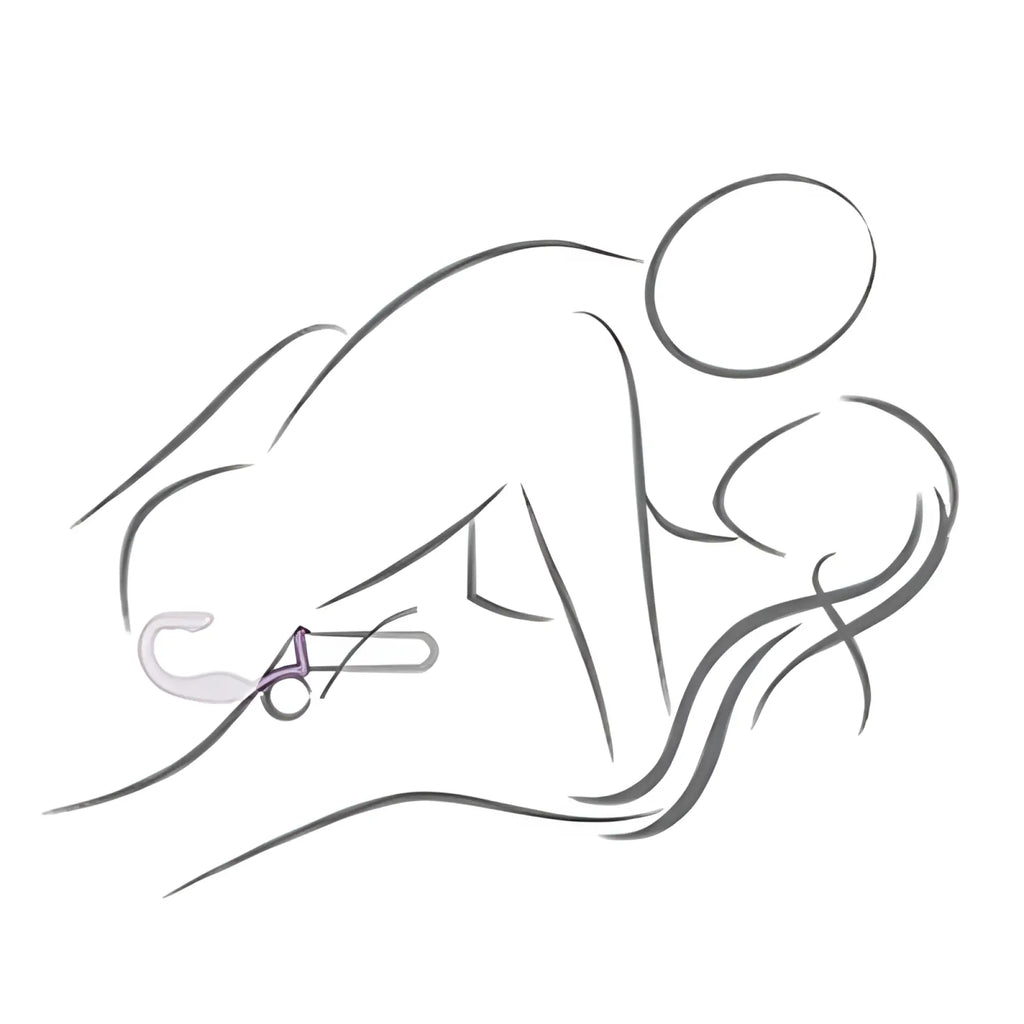 A minimalist line drawing of a person holding a rocks off the vibe 10 speed remote mens silicone cock ball and anal vibrator with purple and silver metallic accents