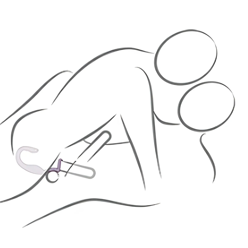 A minimalist line drawing with two overlapping heads on the back side of a rocks off the vibe 10 speed silicone vibrator