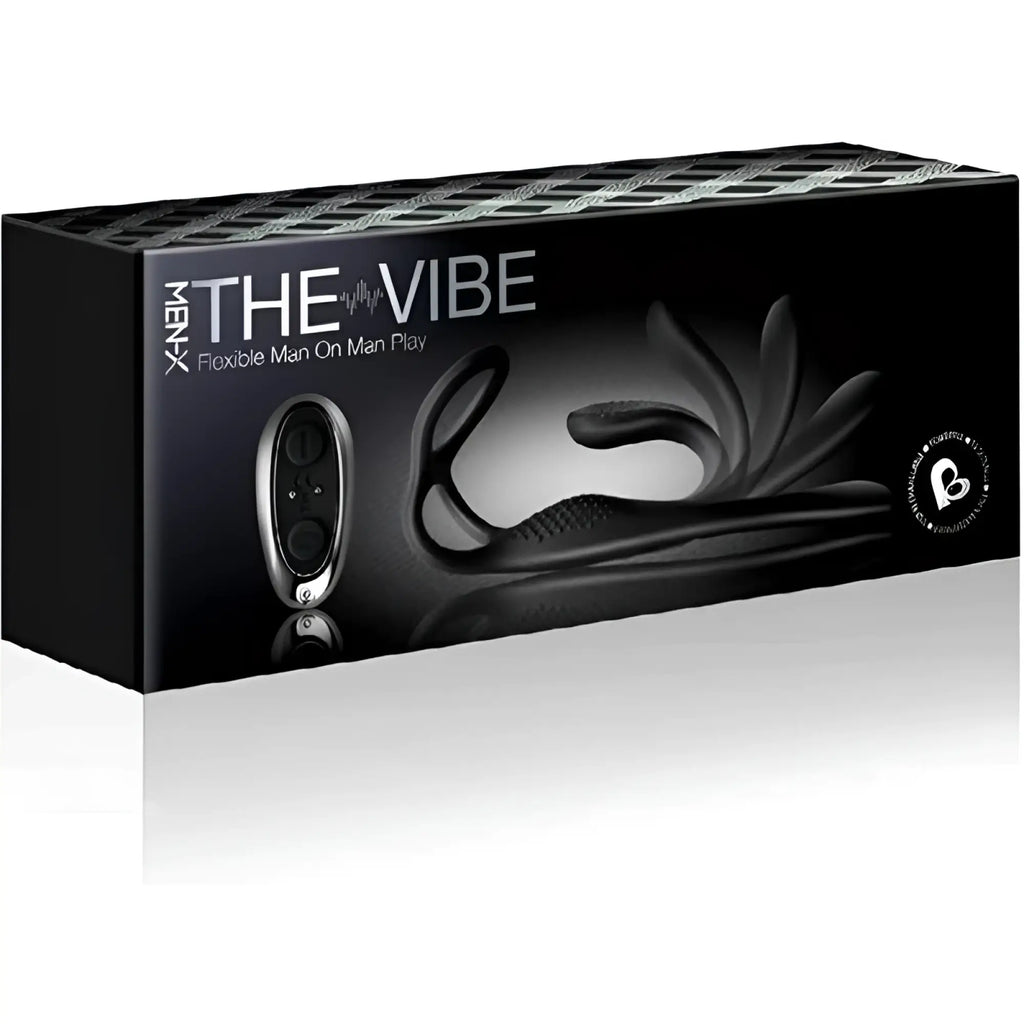 Black rectangular box for men rocks off the vibe flexible silicone cock ball and anal stimulator with silver accents