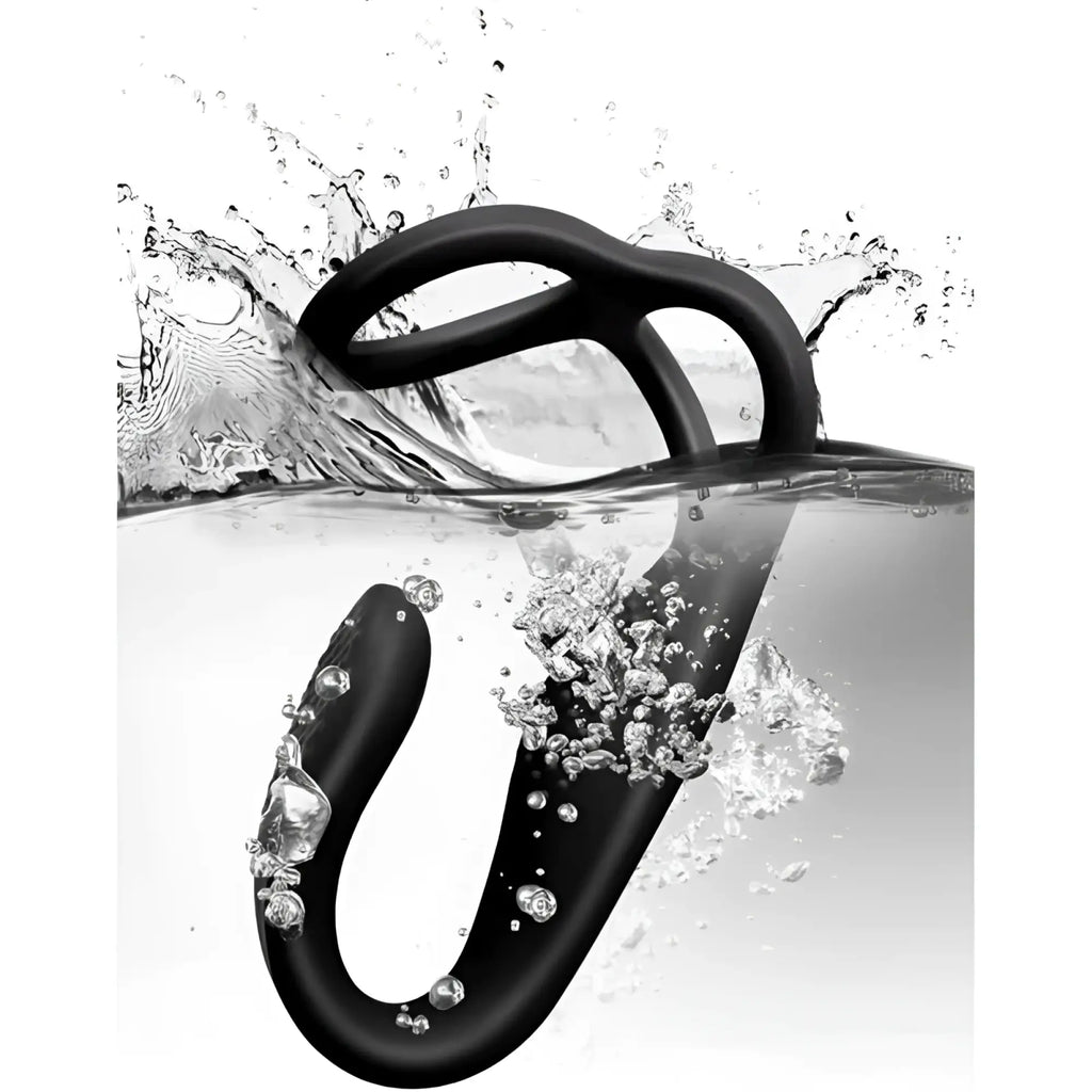 Black silicone cock ball and anal stimulator with curved ergonomic design and two interlocking rings at the top