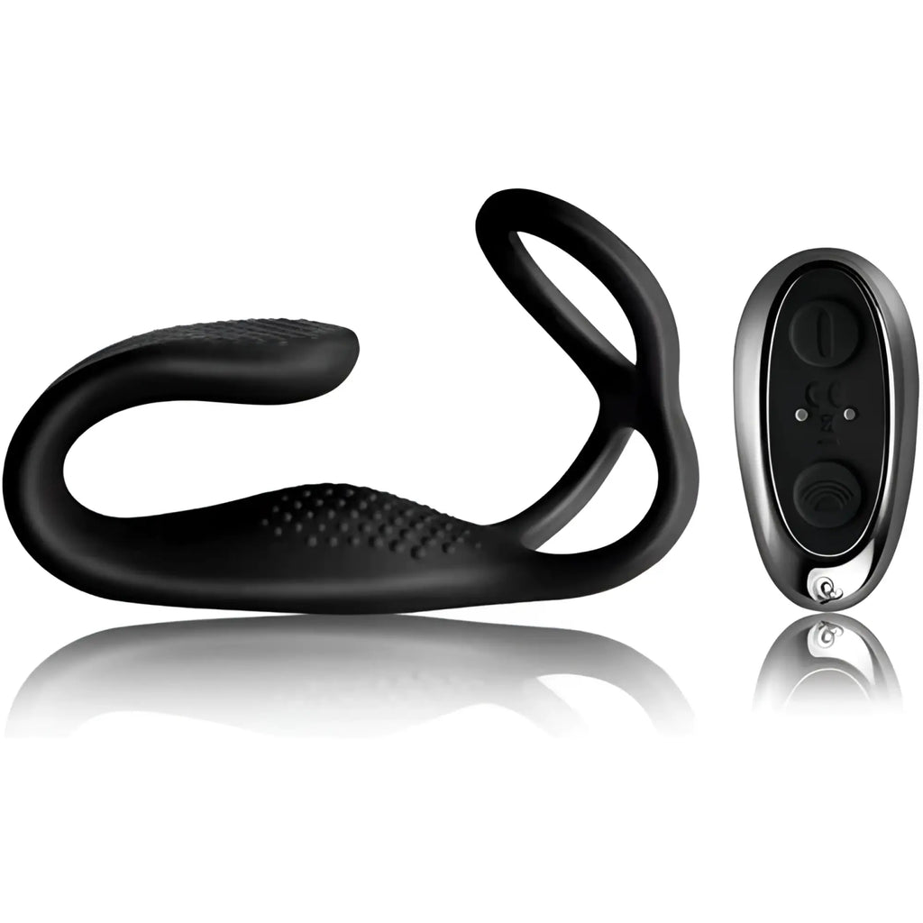 Black silicone Rocks Off The Vibe cock ball and anal stimulator with textured grip and silver remote control
