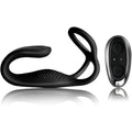 Black silicone Rocks Off The Vibe cock ball and anal stimulator with textured grip and silver remote control