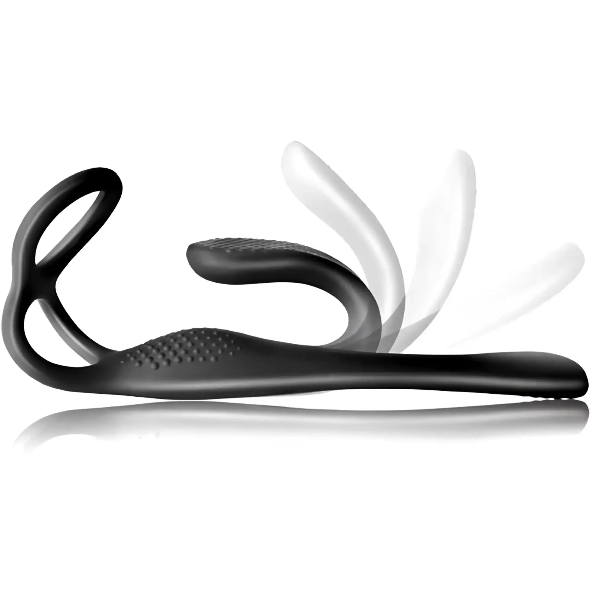 Black silicone Rocks Off The Vibe cock ball and anal stimulator with textured grip and curved design
